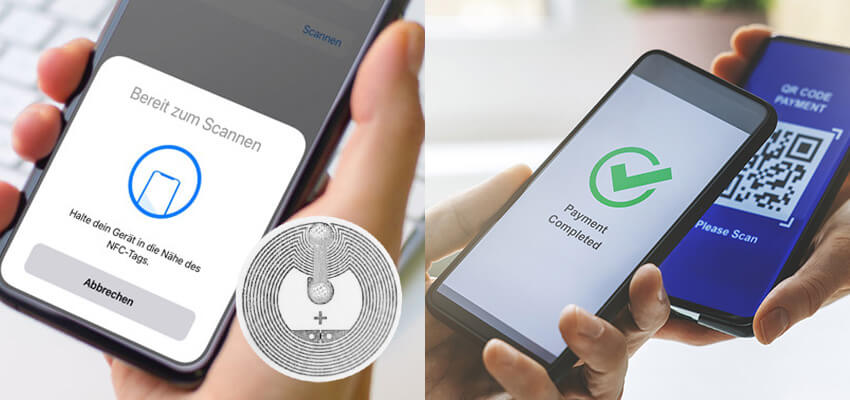 Twee smartphones: één gebruikt NFC en de ander een QR-code
