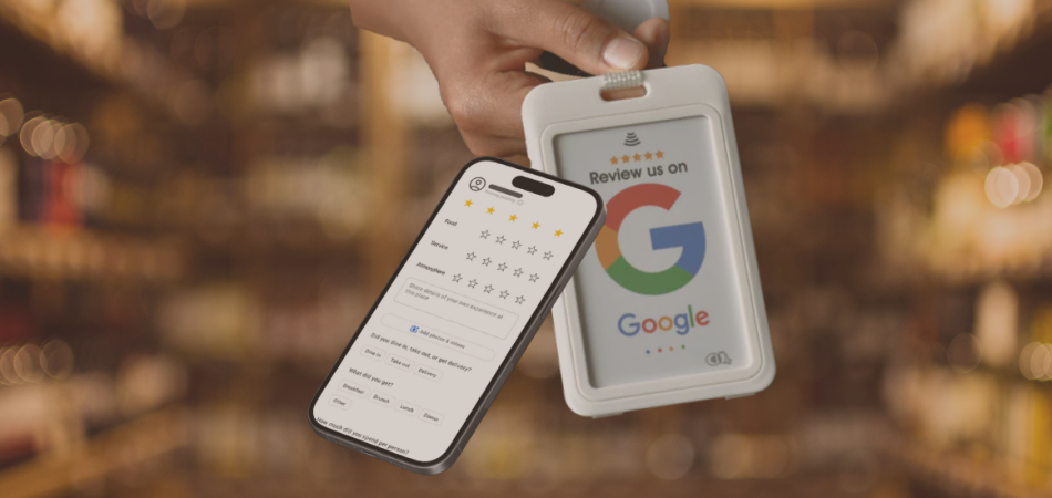 NFC review kaart waarmee klanten eenvoudig een Google-review achterlaten via smartphone
