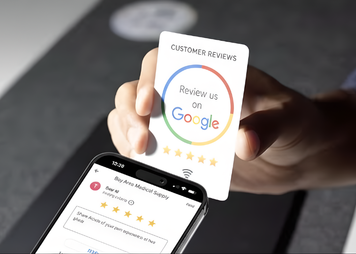 Smartphone wordt tegen NFC-kaart gehouden om een Google-review achter te laten
